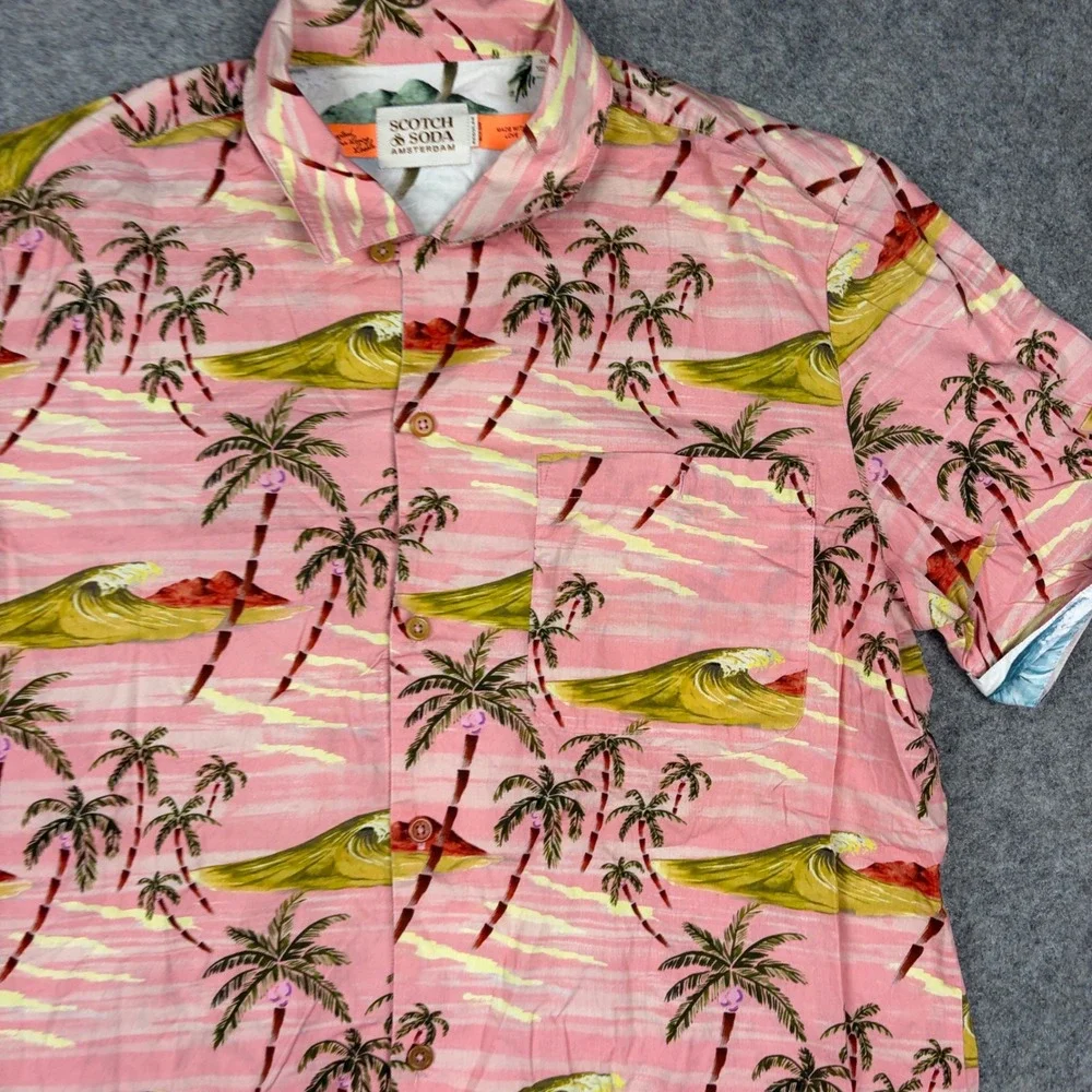 Scotch & Soda Button Up Shirt Mens XL Pink Palm Tree Tropical Wave Surf Print